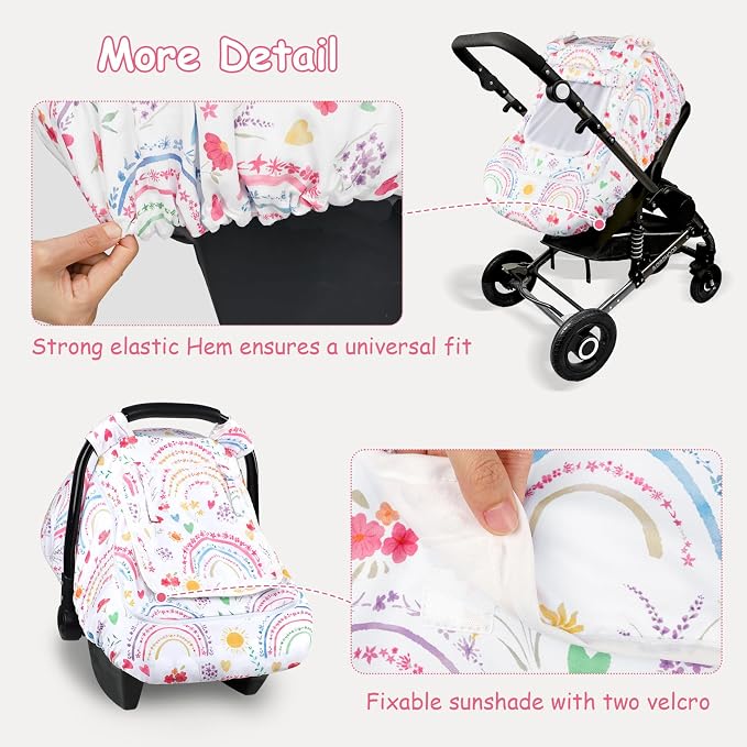 Winter Car Seat Cover Baby with Sunshade & Dual Zipper Windows - Minky Bubble Lined Windproof Soft Shell, Warm Newborn Car Seat Canopy Covers, Elastic Bottom for Stroller & Infant Car Seat, Rainbow