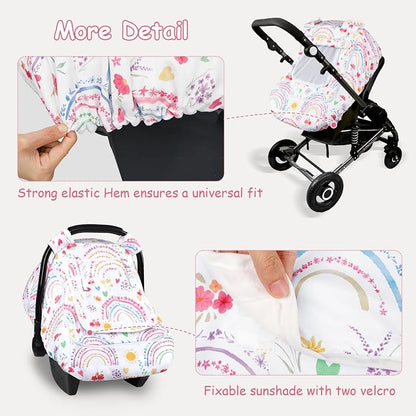 Winter Car Seat Cover Baby with Sunshade & Dual Zipper Windows - Minky Bubble Lined Windproof Soft Shell, Warm Newborn Car Seat Canopy Covers, Elastic Bottom for Stroller & Infant Car Seat, Rainbow