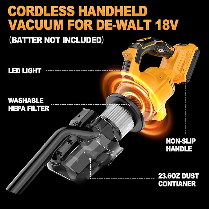 Cordless Vacuum Compatible with Dewalt 20V Battery, Portable Handheld Vacuum Cleaner with 2 HEPA Filter, 4 Multi Nozzle, Power Shop Vacuum for Home, Car, Floor, Carpet (Battery Not Included)
