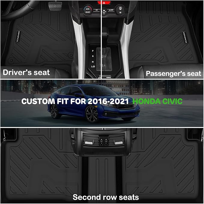 Floor Mats for 2016-2021 Honda Civic Sedan/Coupe/Type R/Insight,2017-2021 Hatchback All Weather TPE Floor Liners Custom Fit for Civic 2021 1st & 2nd Row & Door Sill Guards Anti-Slip Full Set Car Mats