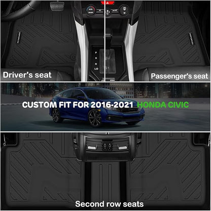 Floor Mats for 2016-2021 Honda Civic Sedan/Coupe/Type R/Insight,2017-2021 Hatchback All Weather TPE Floor Liners Custom Fit for Civic 2021 1st & 2nd Row & Door Sill Guards Anti-Slip Full Set Car Mats