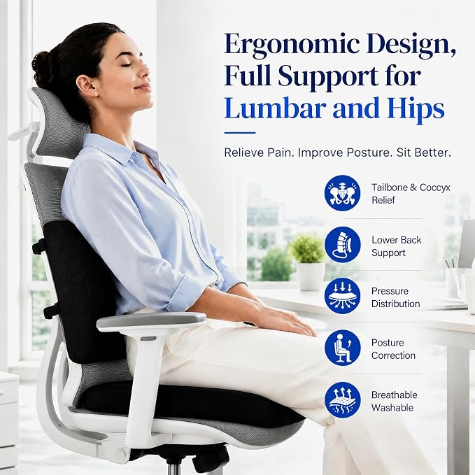 Ergonomic Seat Cushion & Lumbar Support Pillow for Office Chair, Memory Foam Seat Cushions for Tailbone Pain Relief, Sciatica & Lower Back Support for Desk Chair Car Home, Washable, Non Slip