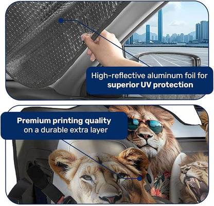 GENANY Lion Windshield Cover for Car SUV Truck (55x30 Inches), Foldable Heat Shield, Shades for Front Windows, Protector Blocks UV, Car Decor