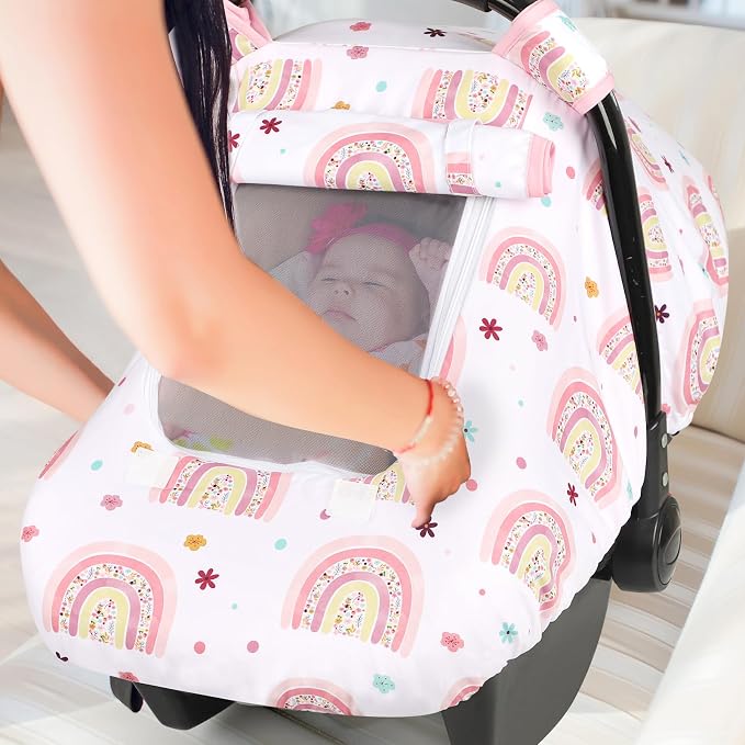 Pea Pod Car Seat Cover Baby, Infant Car Seat Canopy Covers with 2 Layers Windows of Breathable Mesh Fabric, Lightweight Polyester, Soft Minky Dot Backing (Rainbow & Floral Pattern)
