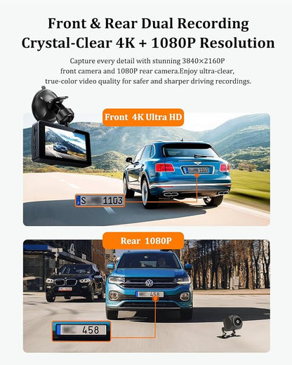 Dash Cam Front and Rear, Dash Camera for Cars 4K+1080, Dashcam Built-in WiFi, APP Control, 32GB Card Included, 3" IPS Touch Screen, 24H Parking Monitor, Night Vision, G-Sensor