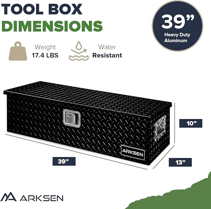 ARKSEN 39 x 13 x 10 Inch Diamond Plate Truck Bed Tool Box, Heavy Duty Waterproof Aluminum Toolboxes Storage Chest with Side Handle & Lock for Pickup Truck Bed, RV & Trailer – Black