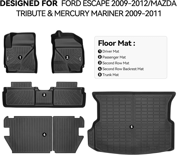 Floor Mats for Ford Escape 2009-2012/Mazda Tribute & Mercury Mariner 2009-2011, Trunk Mat and Backrest Mat All Weather TPE Protector for Ford Escape Accessories