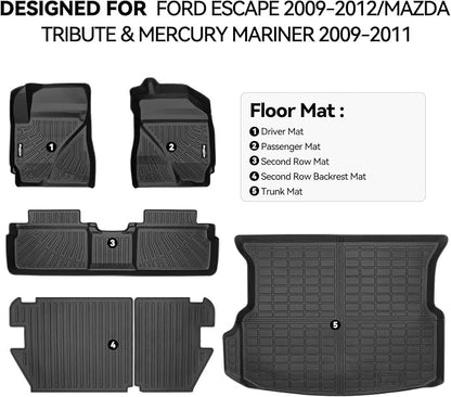 Floor Mats for Ford Escape 2009-2012/Mazda Tribute & Mercury Mariner 2009-2011, Trunk Mat and Backrest Mat All Weather TPE Protector for Ford Escape Accessories