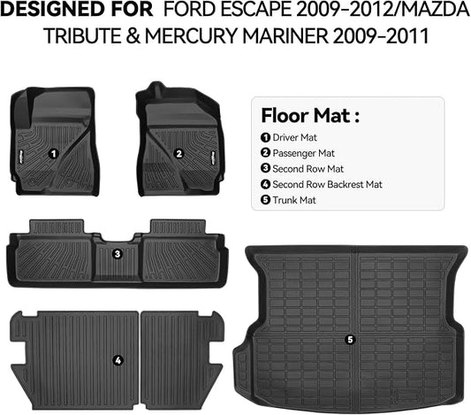 Floor Mats for Ford Escape 2009-2012/Mazda Tribute & Mercury Mariner 2009-2011, Trunk Mat and Backrest Mat All Weather TPE Protector for Ford Escape Accessories