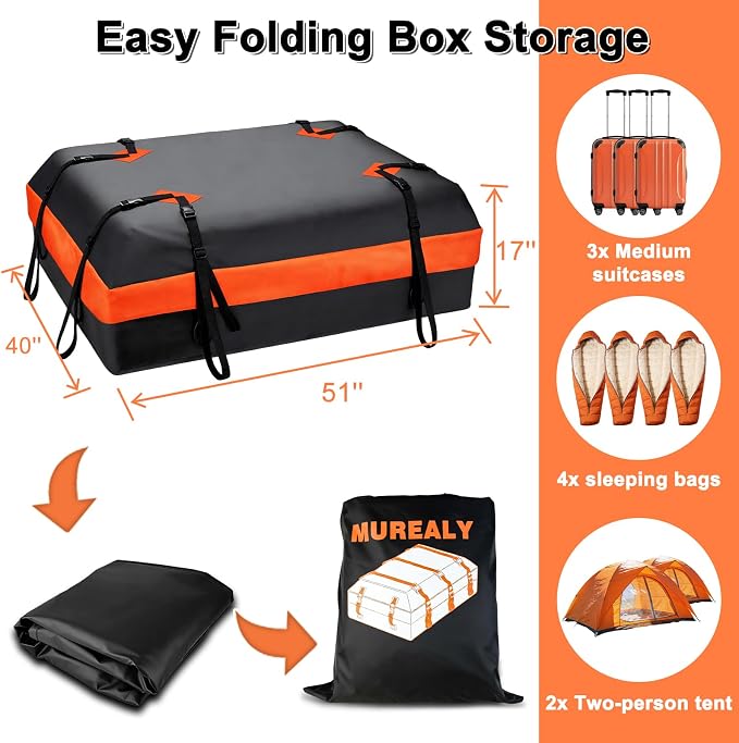 15 Cubic Feet Rooftop Cargo Carrier - Heavy Duty Waterproof Car Roof Bag for All Vehicles with or Without Rack, Includes Anti-Slip Mat, 6 Door Hooks & Luggage Lock