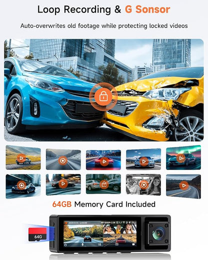 4K 3 Channel Dash Cam Front and Rear,4K+2.5K+1080P Dash Camera for Cars Inside,3.2" Screen Dash Camera for Cars, WiFi APP Control,4 IR Night Vision, G-Sensor, 24H Parking Mode, 64GB SD Card Included