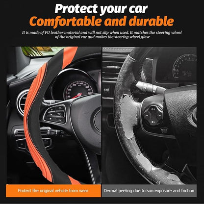 Osilly 15 Inch Car Leather Steering Wheel Cover, Automotive Accessories Elastic Breathable Anti-Slip Soft Wheel Protector Fits Men and Women, Suitable for SUVs, Trucks, Vehicles and RVs (Orange)