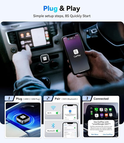 Wireless CarPlay Adapter & Android Auto, Wired to Wireless Carplay Adapter for Apple iPhone & Android, Mini USB Design with Type-C Extension, Plug and Play, No Latency & Auto-Reconnect, 2026 Upgraded