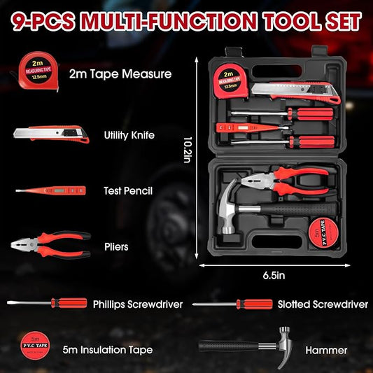Roadside Car Emergency Kit, Winter Car Safety Kit with 10FT Jumper Cables, Tow Strap, Tool Kit, Reflective Warning Triangle, Road Trip Essentials, for New Drivers, Teens
