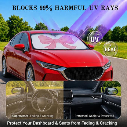 Pink Bow Car Windshield Sun Shade for Women, Cute Foldable Front Window Sunshade for Small Cars, UV Heat Blocking Car Shade, Simple Coquette Girly Car Accessories for Sedan Coupe - 59 x 27.5