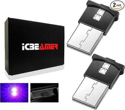 ICBEAMER Mini Smart USB Type-A 2-Pack (Purple) | LED Night Light for Car Interior, Trunk, Center Console, Easy Plug-in, Enhance Automotive Ambiance, Perfect for Night Use