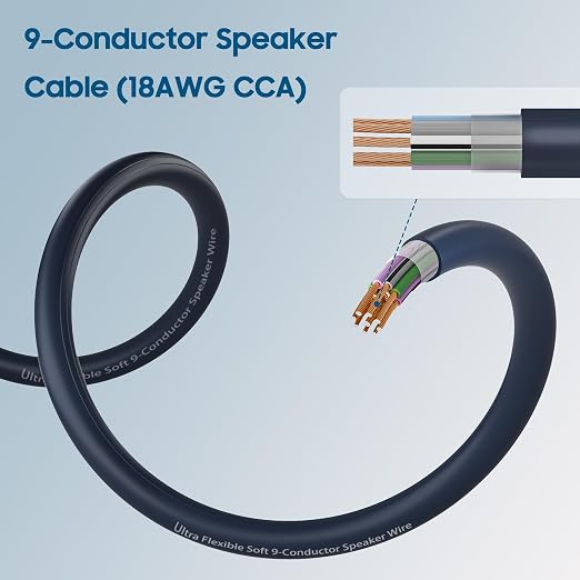 9 Conductor Speaker Wire 25 FT, 18 Gauge CCA Stranded Cable, 18AWG 4-Channel Speaker Wire and Remote Wire for Car Audio Systems, Ultra-Flex and Easy Peel Jacket, Blue