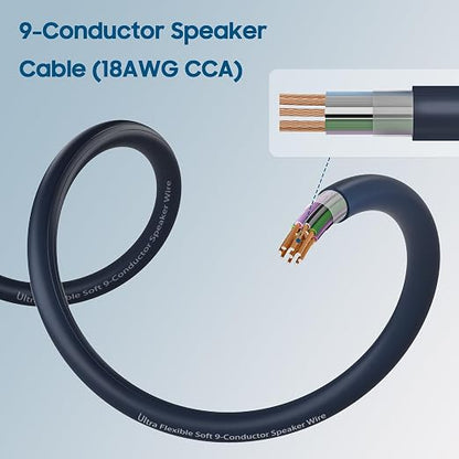 9 Conductor Speaker Wire 25 FT, 18 Gauge CCA Stranded Cable, 18AWG 4-Channel Speaker Wire and Remote Wire for Car Audio Systems, Ultra-Flex and Easy Peel Jacket, Blue