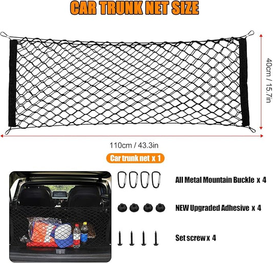 43.3” x 15.7” Cargo Net Trunk Bed Extender, Envelope Mesh Truck Bed Organizer Car Exterior Accessories, Universal Elastic Trunk Storage Net with Metal Hook