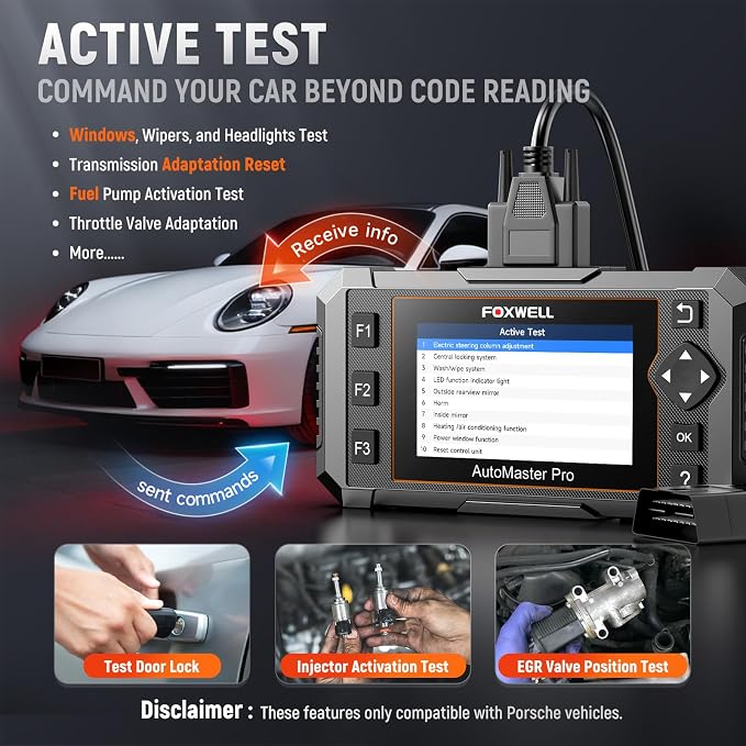 FOXWELL NT510 Pro OBD2 Scanner fit for Porsche, 2-in-1 Diagnostic Tool & 12V Battery Tester, Full System Bi-Directional Control Code Reader with All Resets, Oil Reset & Battery Registration Tool