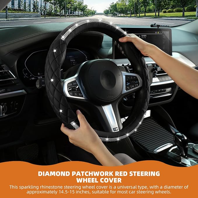 Steering Wheel Cover，with Sparkly Crystal Rhinestone, Delicate and Anti-Slip Bling Steering Wheel Cover ，Adaptable to 14.5-15 inches Car Wheel Protector for Women Girl，Diamond Car Accessories, Black