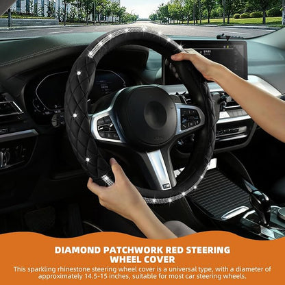 Steering Wheel Cover，with Sparkly Crystal Rhinestone, Delicate and Anti-Slip Bling Steering Wheel Cover ，Adaptable to 14.5-15 inches Car Wheel Protector for Women Girl，Diamond Car Accessories, Black