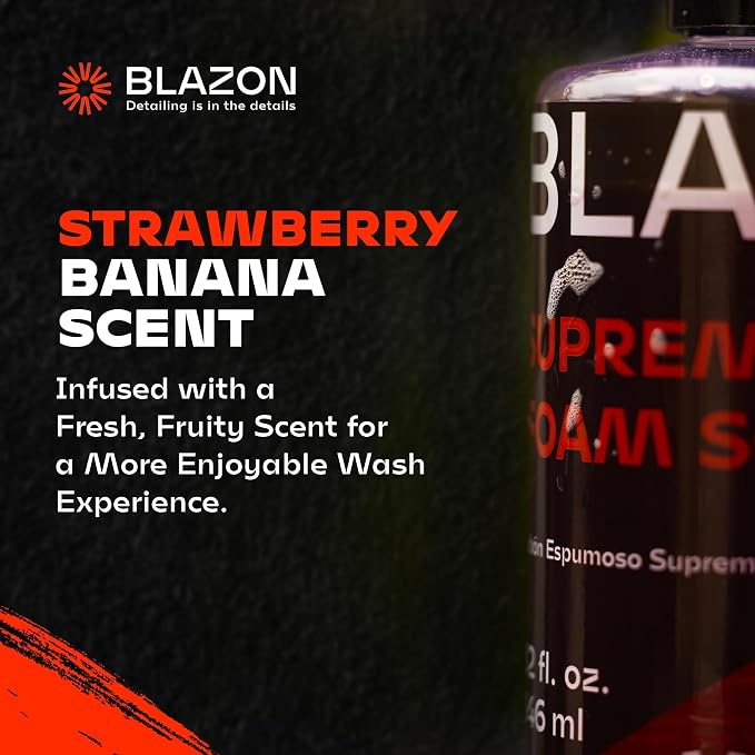 BLAZON Supreme Foam Soap (XL 32 oz) Insanely Foamy Streak-Free Car Wash Soap for Max Cleaning Power- Foam Cannon, Gun, or Bucket Wash- Cars, Trucks, RVs, Boats, More– Strawberry Banana Scent