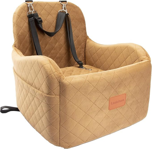 Lealchum Dog Booster Car Seat for Small/Medium Dogs,Ultra Soft Fabric Filling Memory Foam,Fully Detachable and Washable,Anti-Slip Base,3 Straps Easy to Install(Coffee,Medium)