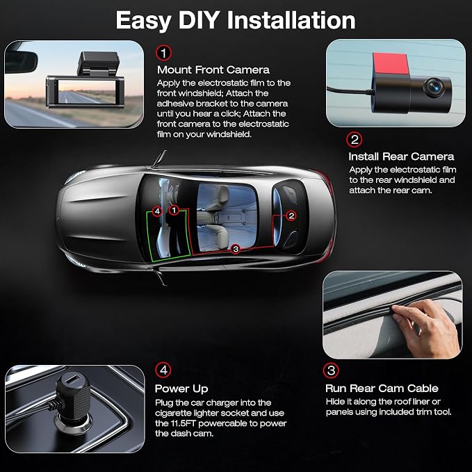 4K+2.5K Dash Cam Front and Rear, Built-in GPS, 5.8G WiFi, Free 64GB Card Included, Dash Camera for Cars, 2-Channel Car Camera,3.16'' IPS Screen,G-Sensor,WDR&HDR,24H Parking Monitor,Max 256GB