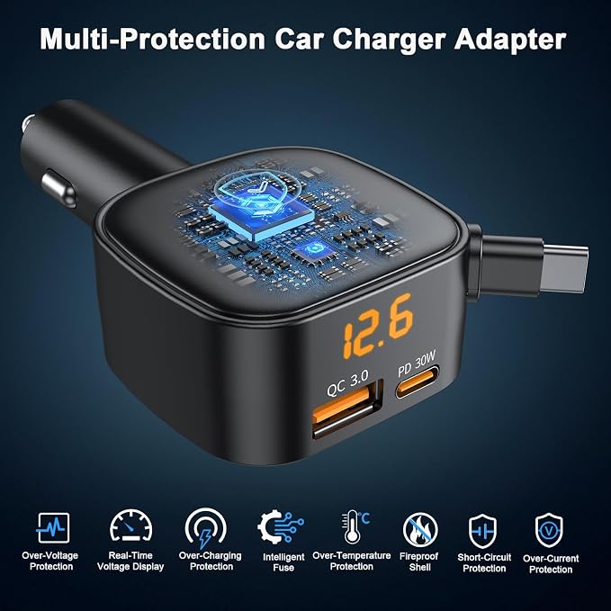 93W Retractable Car Charger, USB C Car Charger Fast Charging with PD PPS & QC 3.0, Multi Port Cigarette Lighter Adapter with Voltmeter for iPhone 17 16 15 Pro Max, Samsung S26/S25 iPad Pixel