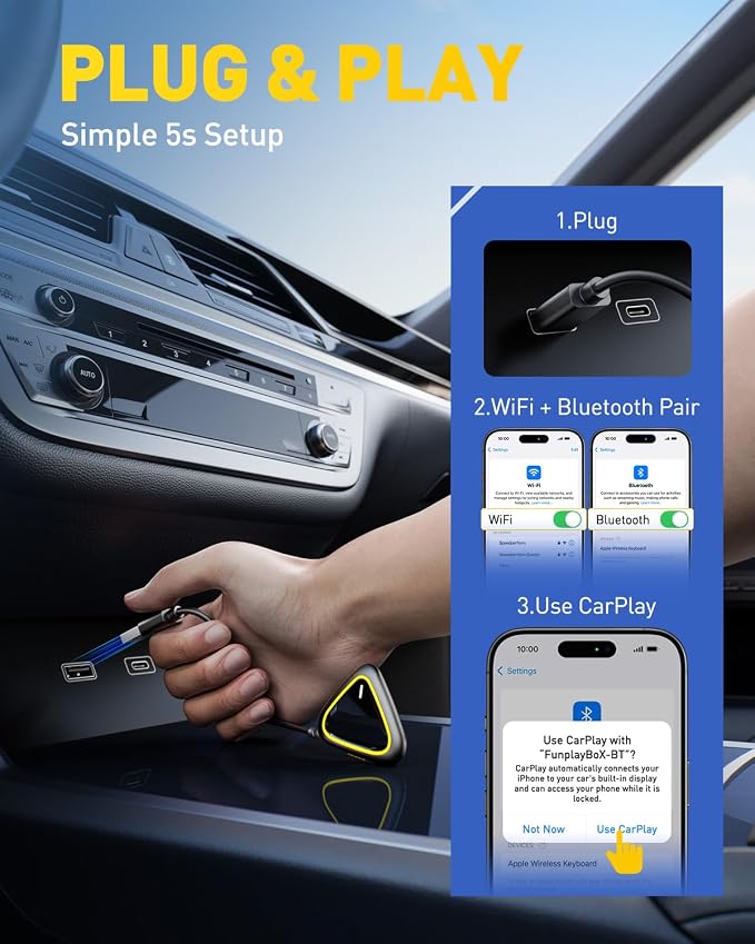 2027 Upgraded Wireless CarPlay Adapter for Apple, Upgrade Factory Wired Carplay to Wireless CarPlay Adapter, No Latency for iPhone iOS 10+ and Cars from 2015+, USB & Type-C, Plug & Play