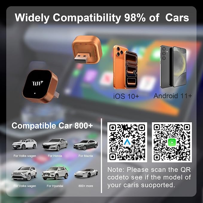 Wireless CarPlay Adapter for Apple iPhone & Android Auto, 2-in-1 Mini CarPlay Adapter Convert Wired to Wireless Dongle, Plug & Play, No Delay, BT 5.4, 2.4G/5G WiFi
