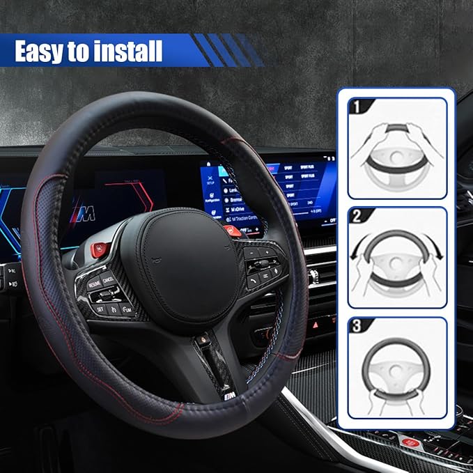 Car Steering Wheel Cover, 15 Inch Leather Anti-Slip Breathable Automotive Steering Wheel Protector, Universal Heat Resistant Vehicle Interior Accessories Cars, SUVs, Trucks(Black&Red)