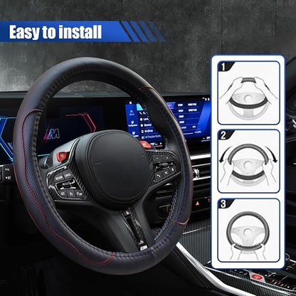 Car Steering Wheel Cover, 15 Inch Leather Anti-Slip Breathable Automotive Steering Wheel Protector, Universal Heat Resistant Vehicle Interior Accessories Cars, SUVs, Trucks(Black&Red)