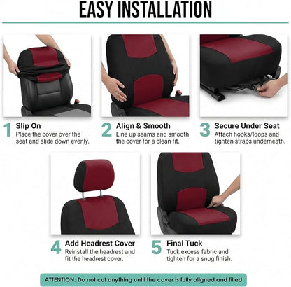 FH Group Bright Flat Cloth Full Set Car Seat Covers, Burgundy/Black- Fit Most Car, Truck, SUV, or Van