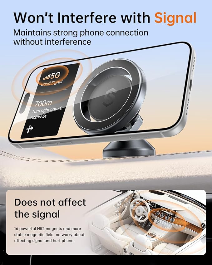 SYNCWIRE MagSafe Car Mount, Magnetic Car Phone Holder for Car Dashboard, 360° Rotating Strong Magnet Phone Mount with 3M VHB Adhesive, Compatible with iPhone 17/16/15/14/13/12 & MagSafe Cases