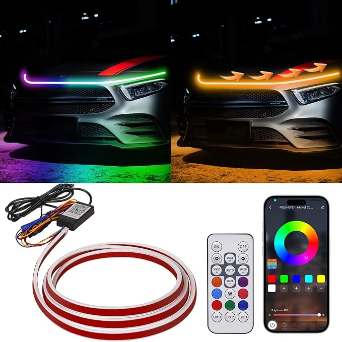 79 Inches RGB Multicolor Dynamic Scanning Starter Hood Lights, Car LED Hood Light Strip, Exterior Flexible Headlight Waterproof Daytime Running Lamps Strips (1 Set)