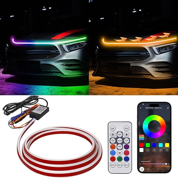 59 Inches RGB Multi-Color Dynamic Scanning Starter Hood Lights, Car LED Hood Light Strip, Exterior Flexible Headlight Waterproof Daytime Running Lamps Strips (1 Set)