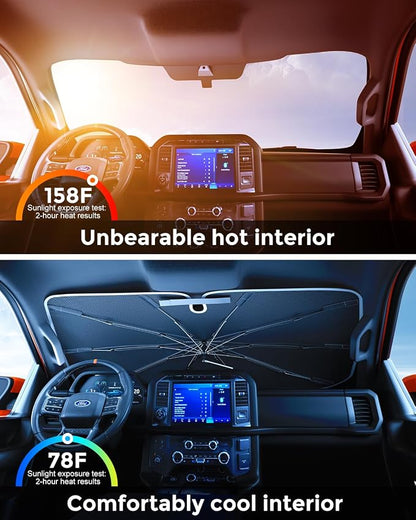 [2026 Upgraded] Weektic Truck Windshield Sun Shade for F-150/Silverado/Tundra/RAM 1500/Sierra - 5 Layers Ice Crystal Coating Blocks 99% UV, Cools Interior | 360° Swivel Handle for Easy Use