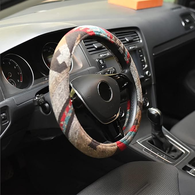 Universal 15inch Ethnic Style Baja Blanket Steering Wheel Cover with Coarse Flax Cloth and Sweat Absorption Anti Slip Car Wrap (Boho Brown)