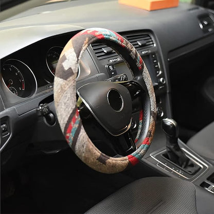 Universal 15inch Ethnic Style Baja Blanket Steering Wheel Cover with Coarse Flax Cloth and Sweat Absorption Anti Slip Car Wrap (Boho Brown)