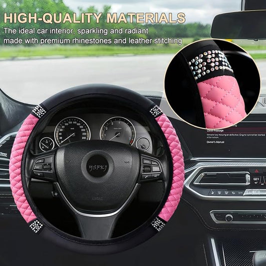 Soft Leather Car Steering Wheel Cover, Universal 15 Inch Colorful Rhinestones Anti-Slip Elastic Steering Wheel Covers for Most Cars, Sparkly Crystal Diamond for Women Girls (Pink)