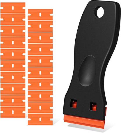 Plastic Razor Blade Scraper, Scraper Tool with 20 PCS Plastic Razor Blades for Removing Labels Adhesive Decals Sticker from Windows Glass (Black)