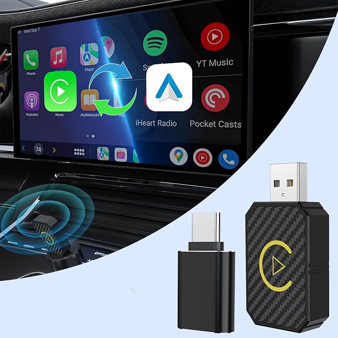 2-in-1 Wireless CarPlay and Android Auto Adapter, CarPlay Dongle Converts Wired to Wireless, Mini USB Design for Cars with Built-in Wired Apple CarPlay, Plug & Play, Auto-Connect for iPhone & Android