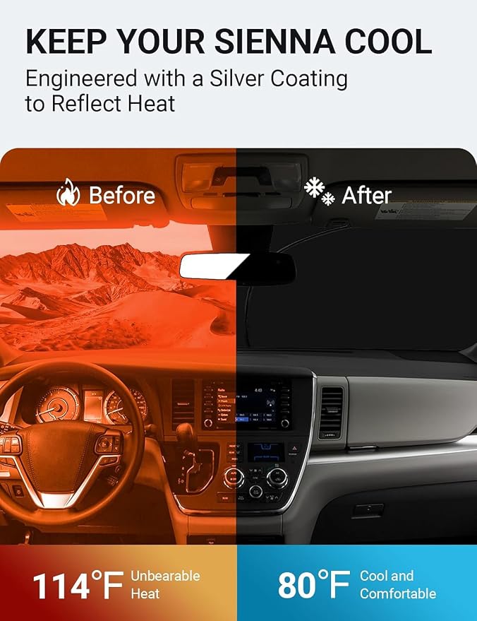 Proadsy 2026 Upgrade Front Windshield Sun Shade Foldable Sunshade Protector Custom Fit 2011-2020 Sienna Accessories