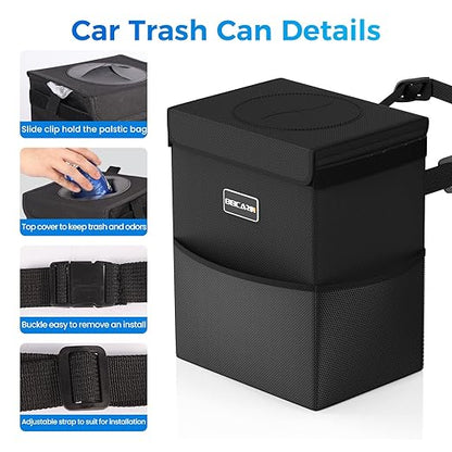 Beicarin Car Trash Can with Lid - Trash Bag Hanging with Storage Pockets Leak-Proof Organizer Collapsible and Portable Waterproof Garbage Bin, 2.2 Gallons Multipurpose Trash Bin for Car