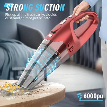 FUOAYOC Handheld Vacuum Cordless,Car Cordless Rechargeable, 6KPA Powerful Suction Hand Held Vacuum with LED Light/Multi Accessories, 1.6lbs Mini Portable Vacuum Cleaner for Home/Car/Office Cleaning