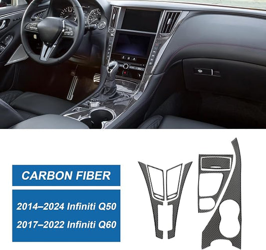 Real Carbon Fiber Interior Trim Kit Compatible with Infiniti Q50 2014-2024 & Q60 2017–2022, Gear Shift Panel AC Air Vent Inner Door Handle Trim, Interior Decor Sticker