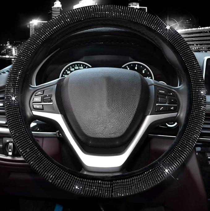 Valleycomfy Steering Wheel Cover for Women 15 1/2 inches-16 inches Bling Bling Crystal Diamond Sparkling for F150 F250 F350 Ram 4Runner Tacoma Tundra Range Rover (Black with Black Diamond)