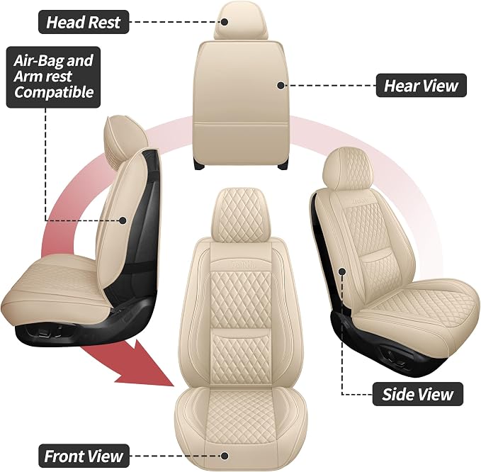 Car Seat Covers Full Set,Universal Precision Fit 3D Contoured Automotive Nappa Leather Seat Covers for SUV Truck Sedan,Anti-Slip Seat Cover with Lumbar Support Style2 Light Beige